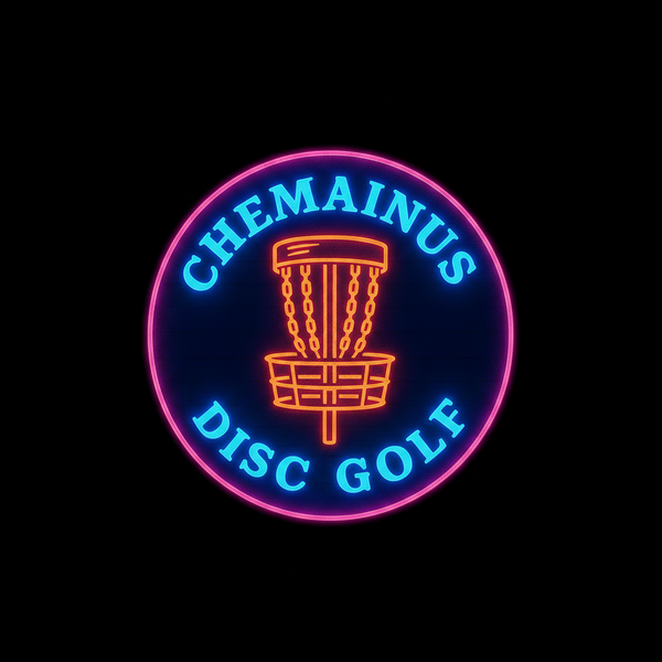 Neon sign with 'Chemainus Disc Golf' and a disc golf basket design on a dark background.